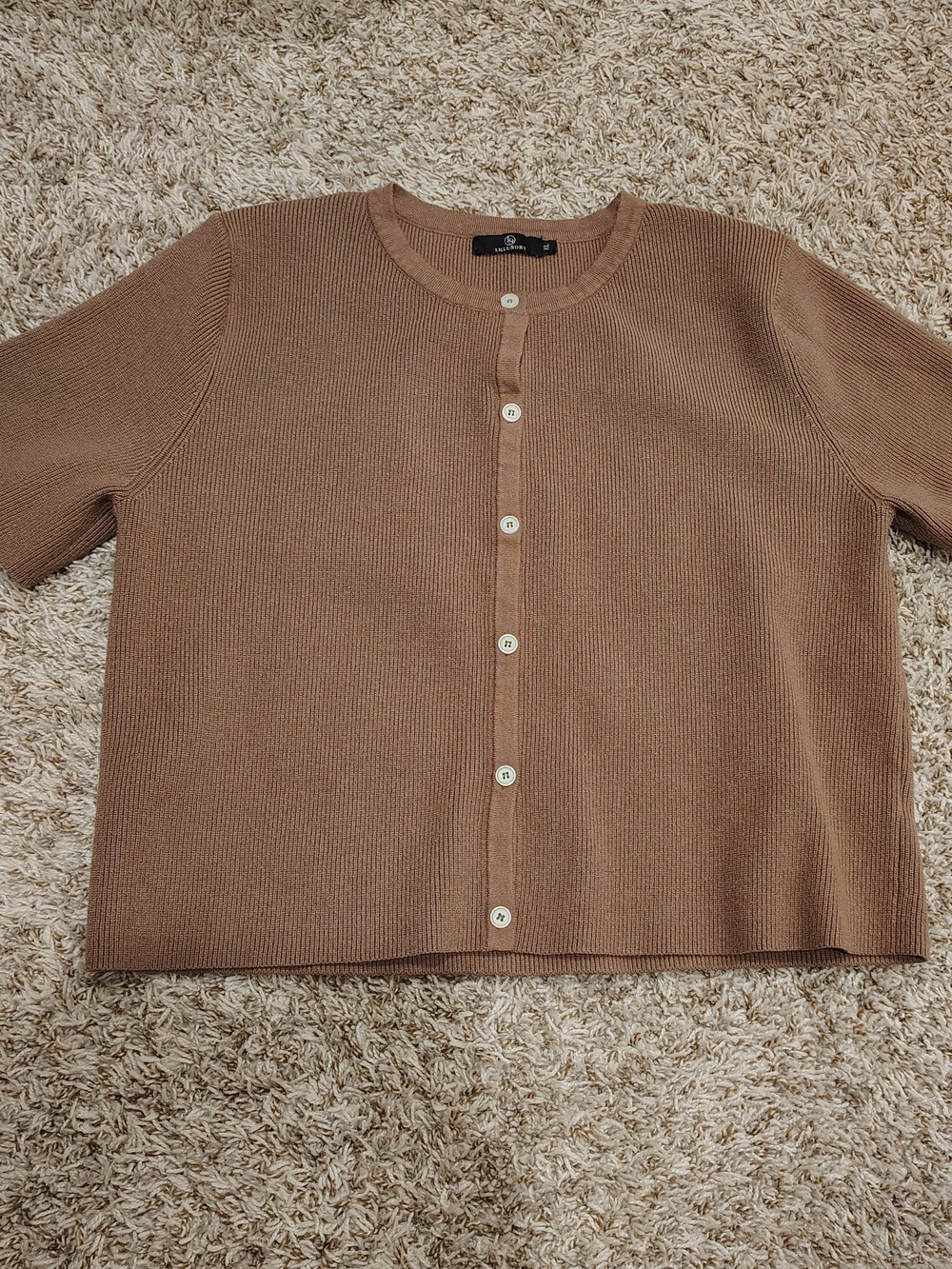 Classic Short Sleeve Crewneck Ribbed Button Cardigan — Brown